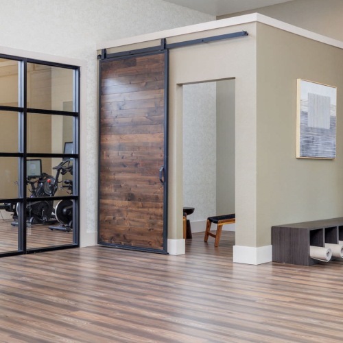 large room with wood floors and mirrors