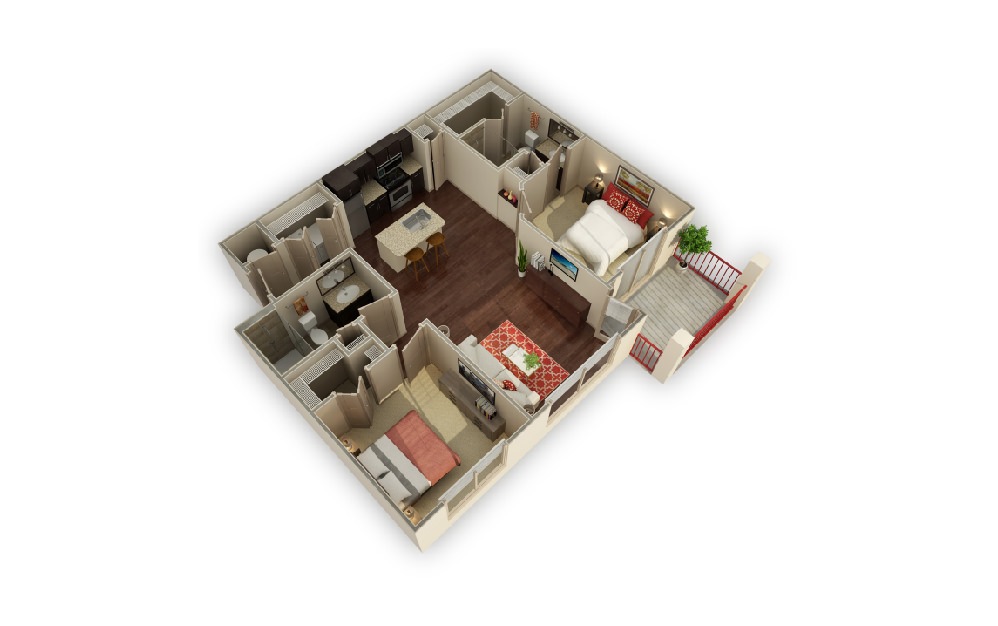 B1 Zilker - 2 bedroom floorplan layout with 2 baths and 957 square feet.